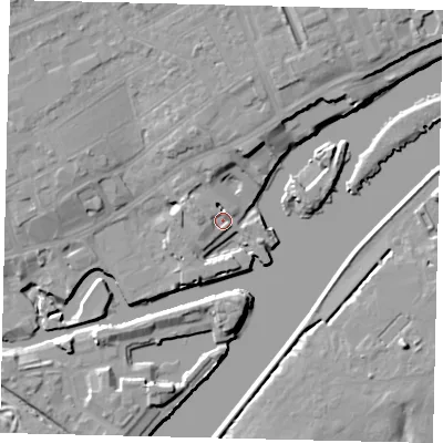 Shaded relief map of the ground around TW80AW, computed from Environment Agency LiDAR. The ground here sits at about 5 m above sea level and falls 11 m across the surrounding 800 m. Surface water reaching this point runs off ground lying to the north-north-west, 5.8 m higher.