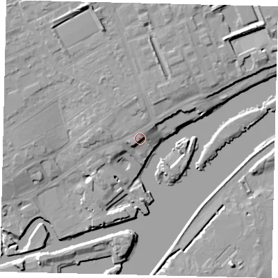 Shaded relief map of the ground around TW80BB, computed from Environment Agency LiDAR. The ground here sits at about 10 m above sea level and falls 13 m across the surrounding 800 m. The ground contributing surface water to this point lies to the west-south-west.