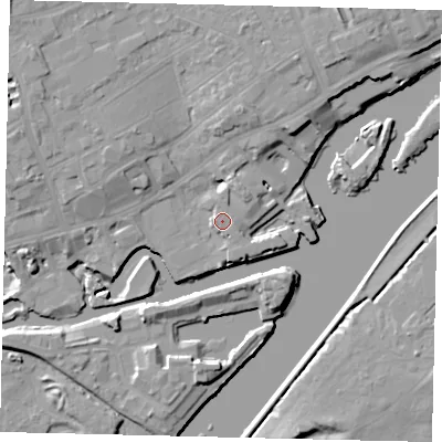 Shaded relief map of the ground around TW80BY, computed from Environment Agency LiDAR. The ground here sits at about 6 m above sea level and falls 11 m across the surrounding 800 m. Surface water reaching this point runs off ground lying to the north-west, 7.7 m higher.