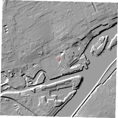 Shaded relief map of the ground around TW80BZ, computed from Environment Agency LiDAR. The ground here sits at about 6 m above sea level and falls 12 m across the surrounding 800 m. Surface water reaching this point runs off ground lying to the north-west, 8.3 m higher.