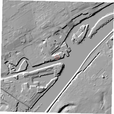 Shaded relief map of the ground around TW80DD, computed from Environment Agency LiDAR. The ground here sits at about 6 m above sea level and falls 10 m across the surrounding 800 m. Surface water reaching this point runs off ground lying to the north-north-west, 9.7 m higher.