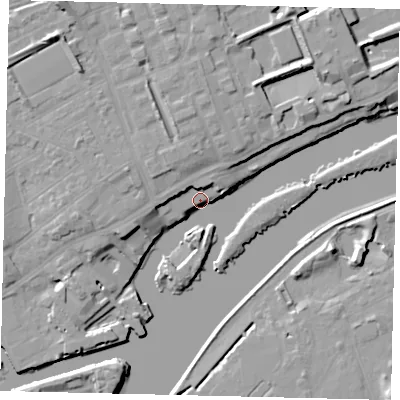 Shaded relief map of the ground around TW80DS, computed from Environment Agency LiDAR. The ground here sits at about 6 m above sea level and falls 14 m across the surrounding 800 m. Surface water reaching this point runs off ground lying to the west-north-west, 10.0 m higher.