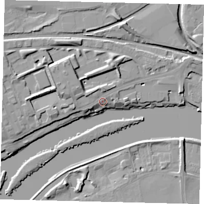 Shaded relief map of the ground around TW80DX, computed from Environment Agency LiDAR. The ground here sits at about 8 m above sea level and falls 12 m across the surrounding 800 m. Surface water reaching this point runs off ground lying to the north-west, 2.5 m higher.