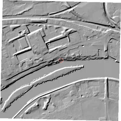 Shaded relief map of the ground around TW80DZ, computed from Environment Agency LiDAR. The ground here sits at about 3 m above sea level and falls 12 m across the surrounding 800 m. Surface water reaching this point runs off ground lying to the west-north-west, 11.7 m higher.
