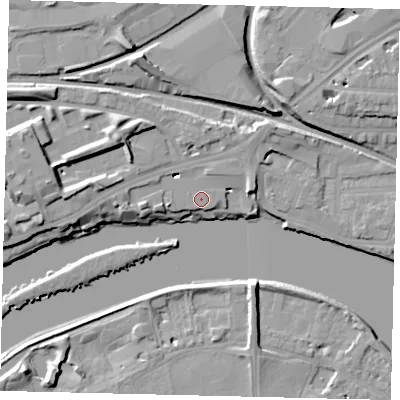 Shaded relief map of the ground around TW80HS, computed from Environment Agency LiDAR. The ground here sits at about 6 m above sea level and falls 12 m across the surrounding 800 m. Surface water reaching this point runs off ground lying to the west, 9.3 m higher.