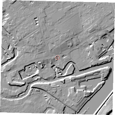 Shaded relief map of the ground around TW88AE, computed from Environment Agency LiDAR. The ground here sits at about 6 m above sea level and falls 13 m across the surrounding 800 m. Surface water reaching this point runs off ground lying to the north-north-west, 5.6 m higher.
