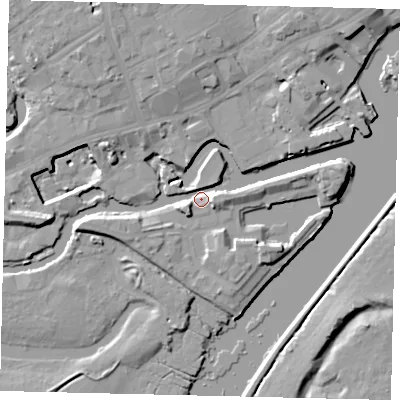 Shaded relief map of the ground around TW88AG, computed from Environment Agency LiDAR. The ground here sits at about 5 m above sea level and falls 12 m across the surrounding 800 m. Surface water reaching this point runs off ground lying to the south-west, 6.9 m higher.