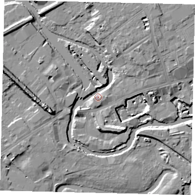 Shaded relief map of the ground around TW88AQ, computed from Environment Agency LiDAR. The ground here sits at about 6 m above sea level and falls 14 m across the surrounding 800 m. Surface water reaching this point runs off ground lying to the west-north-west, 11.0 m higher.