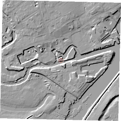 Shaded relief map of the ground around TW88BD, computed from Environment Agency LiDAR. The ground here sits at about 5 m above sea level and falls 12 m across the surrounding 800 m. Surface water reaching this point runs off ground lying to the south-south-east, 5.4 m higher.