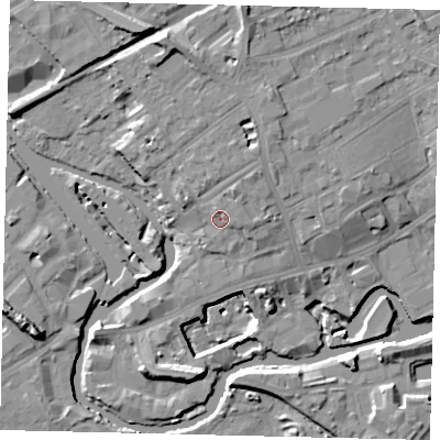 Shaded relief map of the ground around TW88BL, computed from Environment Agency LiDAR. The ground here sits at about 10 m above sea level and falls 15 m across the surrounding 800 m. Surface water reaching this point runs off ground lying to the north-north-east, 3.1 m higher.