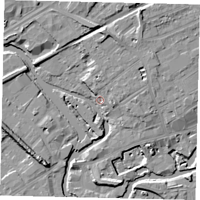 Shaded relief map of the ground around TW88BP, computed from Environment Agency LiDAR. The ground here sits at about 8 m above sea level and falls 15 m across the surrounding 800 m. Surface water reaching this point runs off ground lying to the north, 6.0 m higher.