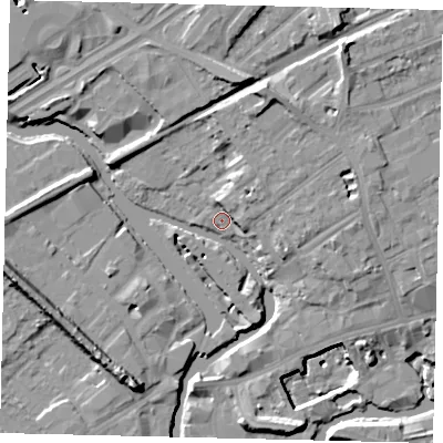 Shaded relief map of the ground around TW88BS, computed from Environment Agency LiDAR. The ground here sits at about 7 m above sea level and falls 15 m across the surrounding 800 m. Surface water reaching this point runs off ground lying to the north-north-east, 11.8 m higher.