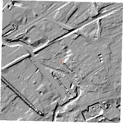 Shaded relief map of the ground around TW88DE, computed from Environment Agency LiDAR. The ground here sits at about 7 m above sea level and falls 15 m across the surrounding 800 m. Surface water reaching this point runs off ground lying to the north-north-east, 8.6 m higher.