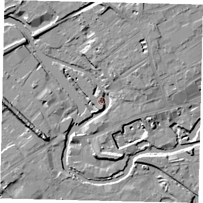 Shaded relief map of the ground around TW88EB, computed from Environment Agency LiDAR. The ground here sits at about 6 m above sea level and falls 15 m across the surrounding 800 m. Surface water reaching this point runs off ground lying to the south, 3.9 m higher.