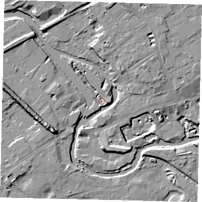 Shaded relief map of the ground around TW88EE, computed from Environment Agency LiDAR. The ground here sits at about 5 m above sea level and falls 14 m across the surrounding 800 m. Surface water reaching this point runs off ground lying to the north-west, 4.0 m higher.