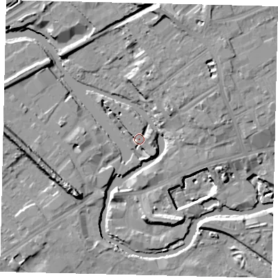 Shaded relief map of the ground around TW88EH, computed from Environment Agency LiDAR. The ground here sits at about 7 m above sea level and falls 15 m across the surrounding 800 m. Surface water reaching this point runs off ground lying to the north-west, 4.0 m higher.
