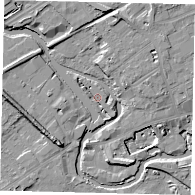 Shaded relief map of the ground around TW88EL, computed from Environment Agency LiDAR. The ground here sits at about 7 m above sea level and falls 15 m across the surrounding 800 m. Surface water reaching this point runs off ground lying to the north-west, 4.0 m higher.