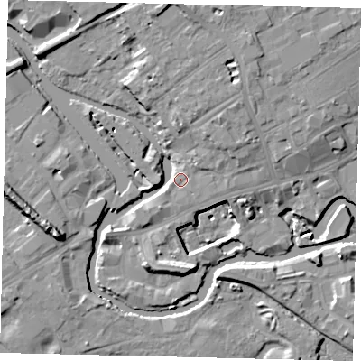 Shaded relief map of the ground around TW88EQ, computed from Environment Agency LiDAR. The ground here sits at about 7 m above sea level and falls 14 m across the surrounding 800 m. Surface water reaching this point runs off ground lying to the west-south-west, 10.5 m higher.