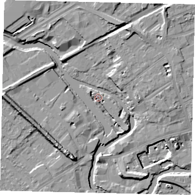 Shaded relief map of the ground around TW88ER, computed from Environment Agency LiDAR. The ground here sits at about 7 m above sea level and falls 15 m across the surrounding 800 m. Surface water reaching this point runs off ground lying to the north-west, 4.0 m higher.