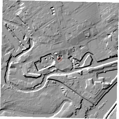Shaded relief map of the ground around TW88ES, computed from Environment Agency LiDAR. The ground here sits at about 5 m above sea level and falls 12 m across the surrounding 800 m. Surface water reaching this point runs off ground lying to the north-north-west, 9.5 m higher.