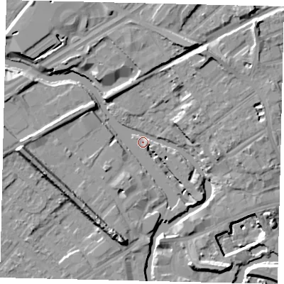 Shaded relief map of the ground around TW88ET, computed from Environment Agency LiDAR. The ground here sits at about 6 m above sea level and falls 15 m across the surrounding 800 m. Surface water reaching this point runs off ground lying to the west, 12.2 m higher.