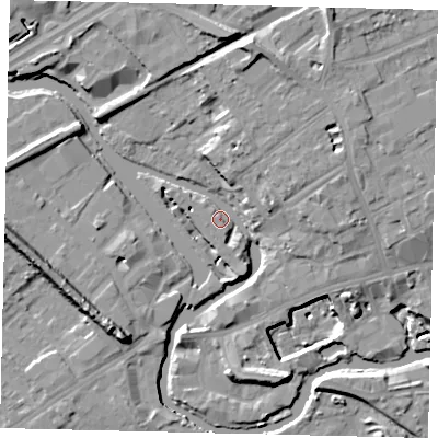 Shaded relief map of the ground around TW88EU, computed from Environment Agency LiDAR. The ground here sits at about 6 m above sea level and falls 15 m across the surrounding 800 m. Surface water reaching this point runs off ground lying to the south, 2.2 m higher.
