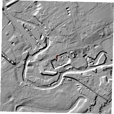 Shaded relief map of the ground around TW88EW, computed from Environment Agency LiDAR. The ground here sits at about 2 m above sea level and falls 14 m across the surrounding 800 m. Surface water reaching this point runs off ground lying to the south, 9.4 m higher.