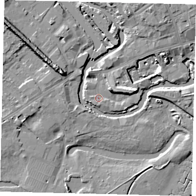 Shaded relief map of the ground around TW88EX, computed from Environment Agency LiDAR. The ground here sits at about 5 m above sea level and falls 15 m across the surrounding 800 m. Surface water reaching this point runs off ground lying to the north-east, 6.3 m higher.