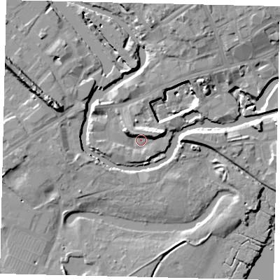 Shaded relief map of the ground around TW88EZ, computed from Environment Agency LiDAR. The ground here sits at about 5 m above sea level and falls 14 m across the surrounding 800 m. Surface water reaching this point runs off ground lying to the east-north-east, 5.2 m higher.