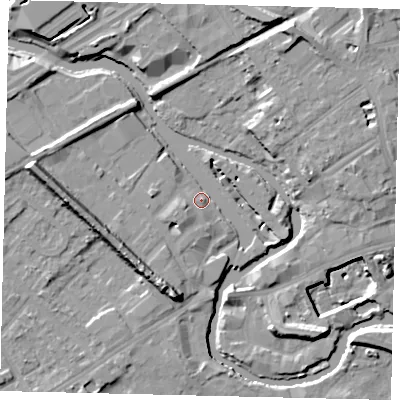 Shaded relief map of the ground around TW88FB, computed from Environment Agency LiDAR. The ground here sits at about 7 m above sea level and falls 15 m across the surrounding 800 m. Surface water reaching this point runs off ground lying to the south-south-west, 10.5 m higher.