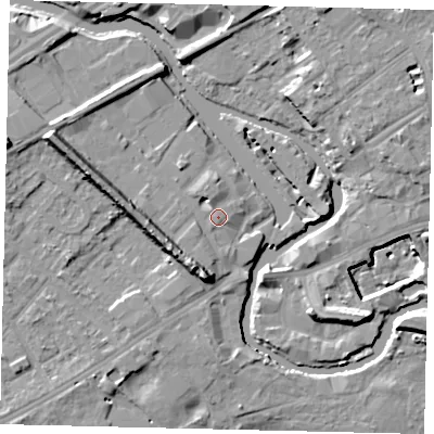 Shaded relief map of the ground around TW88FD, computed from Environment Agency LiDAR. The ground here sits at about 7 m above sea level and falls 15 m across the surrounding 800 m. Surface water reaching this point runs off ground lying to the west-south-west, 7.8 m higher.