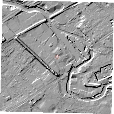 Shaded relief map of the ground around TW88FF, computed from Environment Agency LiDAR. The ground here sits at about 7 m above sea level and falls 15 m across the surrounding 800 m. Surface water reaching this point runs off ground lying to the south-west, 7.8 m higher.