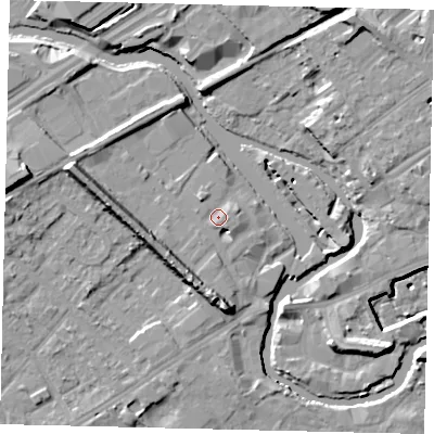 Shaded relief map of the ground around TW88FG, computed from Environment Agency LiDAR. The ground here sits at about 8 m above sea level and falls 15 m across the surrounding 800 m. Surface water reaching this point runs off ground lying to the east, 1.5 m higher.
