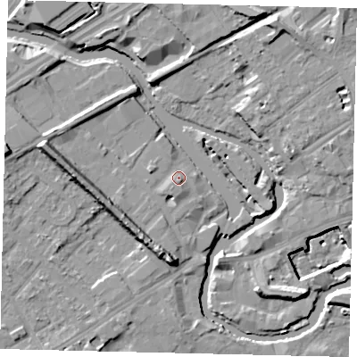 Shaded relief map of the ground around TW88FH, computed from Environment Agency LiDAR. The ground here sits at about 8 m above sea level and falls 15 m across the surrounding 800 m. Surface water reaching this point runs off ground lying to the west-north-west, 1.9 m higher.