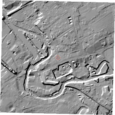 Shaded relief map of the ground around TW88FJ, computed from Environment Agency LiDAR. The ground here sits at about 7 m above sea level and falls 14 m across the surrounding 800 m. Surface water reaching this point runs off ground lying to the north-east, 4.0 m higher.