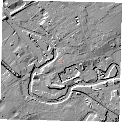 Shaded relief map of the ground around TW88FL, computed from Environment Agency LiDAR. The ground here sits at about 7 m above sea level and falls 14 m across the surrounding 800 m. Surface water reaching this point runs off ground lying to the north-east, 4.2 m higher.