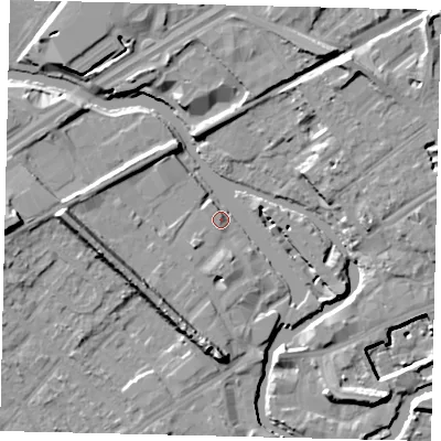 Shaded relief map of the ground around TW88FN, computed from Environment Agency LiDAR. The ground here sits at about 7 m above sea level and falls 15 m across the surrounding 800 m. Surface water reaching this point runs off ground lying to the south, 10.5 m higher.