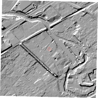 Shaded relief map of the ground around TW88FP, computed from Environment Agency LiDAR. The ground here sits at about 7 m above sea level and falls 15 m across the surrounding 800 m. Surface water reaching this point runs off ground lying to the west, 7.7 m higher.