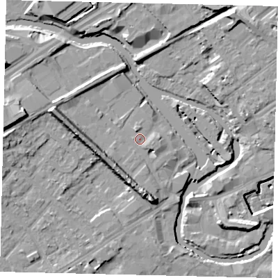 Shaded relief map of the ground around TW88FQ, computed from Environment Agency LiDAR. The ground here sits at about 8 m above sea level and falls 15 m across the surrounding 800 m. Surface water reaching this point runs off ground lying to the east-south-east, 1.4 m higher.
