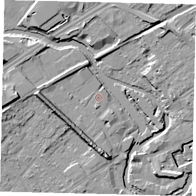 Shaded relief map of the ground around TW88FR, computed from Environment Agency LiDAR. The ground here sits at about 7 m above sea level and falls 15 m across the surrounding 800 m. Surface water reaching this point runs off ground lying to the west, 7.7 m higher.