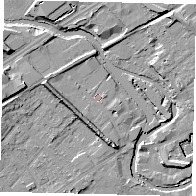 Shaded relief map of the ground around TW88FS, computed from Environment Agency LiDAR. The ground here sits at about 7 m above sea level and falls 15 m across the surrounding 800 m. Surface water reaching this point runs off ground lying to the west, 7.5 m higher.