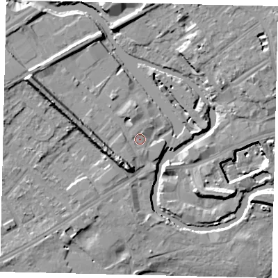 Shaded relief map of the ground around TW88FU, computed from Environment Agency LiDAR. The ground here sits at about 7 m above sea level and falls 15 m across the surrounding 800 m. Surface water reaching this point runs off ground lying to the south-west, 7.5 m higher.