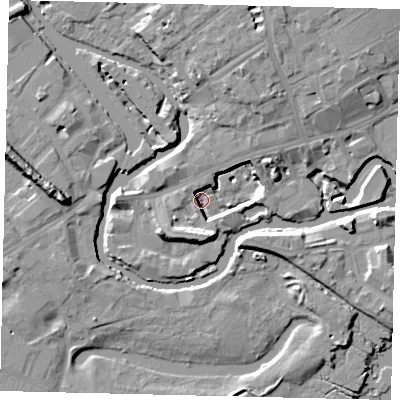 Shaded relief map of the ground around TW88FW, computed from Environment Agency LiDAR. The ground here sits at about 1 m above sea level and falls 14 m across the surrounding 800 m. Surface water reaching this point runs off ground lying to the south-south-east, 9.4 m higher.