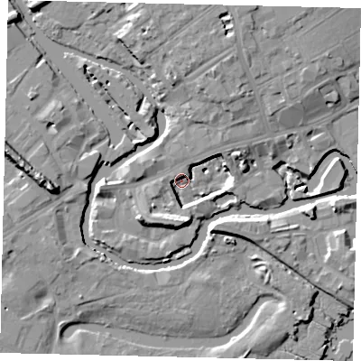 Shaded relief map of the ground around TW88FX, computed from Environment Agency LiDAR. The ground here sits at about 2 m above sea level and falls 14 m across the surrounding 800 m. Surface water reaching this point runs off ground lying to the south, 9.4 m higher.