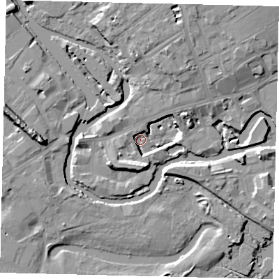 Shaded relief map of the ground around TW88FY, computed from Environment Agency LiDAR. The ground here sits at about 1 m above sea level and falls 14 m across the surrounding 800 m. Surface water reaching this point runs off ground lying to the south, 9.4 m higher.