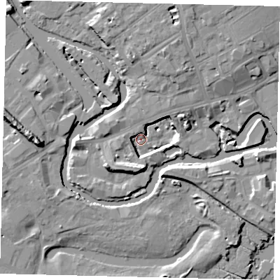Shaded relief map of the ground around TW88FZ, computed from Environment Agency LiDAR. The ground here sits at about 1 m above sea level and falls 14 m across the surrounding 800 m. Surface water reaching this point runs off ground lying to the south, 9.4 m higher.