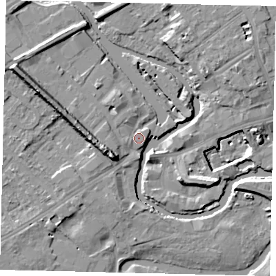 Shaded relief map of the ground around TW88GA, computed from Environment Agency LiDAR. The ground here sits at about 7 m above sea level and falls 15 m across the surrounding 800 m. Surface water reaching this point runs off ground lying to the west-south-west, 8.2 m higher.