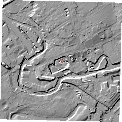 Shaded relief map of the ground around TW88GB, computed from Environment Agency LiDAR. The ground here sits at about 2 m above sea level and falls 14 m across the surrounding 800 m. Surface water reaching this point runs off ground lying to the south-south-west, 9.4 m higher.