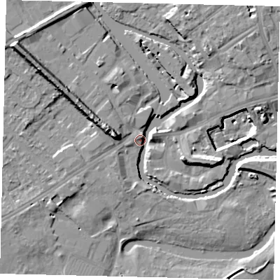 Shaded relief map of the ground around TW88GF, computed from Environment Agency LiDAR. The ground here sits at about 7 m above sea level and falls 15 m across the surrounding 800 m. Surface water reaching this point runs off ground lying to the north-west, 12.2 m higher.