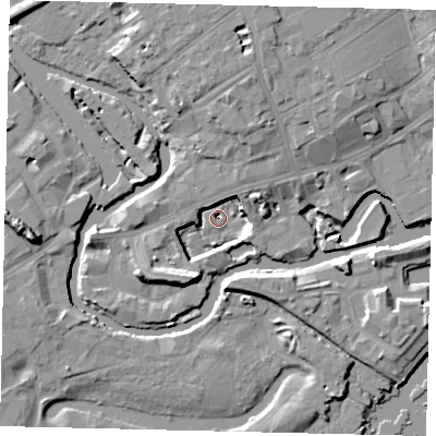 Shaded relief map of the ground around TW88GG, computed from Environment Agency LiDAR. The ground here sits at about 0 m above sea level and falls 14 m across the surrounding 800 m. Surface water reaching this point runs off ground lying to the south-south-west, 9.4 m higher.